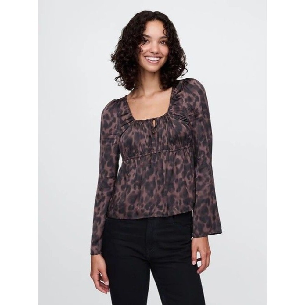 Women’s Gap Leopard Brown Satin Square Neck Top XL Animal Print
